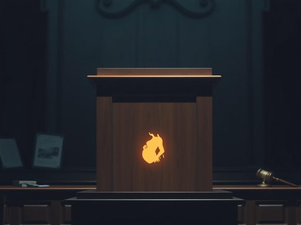 Flick International Delicate pregnancy silhouette on a wooden witness stand in a dimly lit courtroom