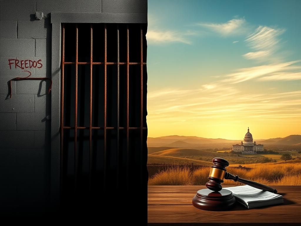 Flick International A stark prison wall juxtaposed with a vibrant California landscape, representing the Menendez brothers' journey towards clemency