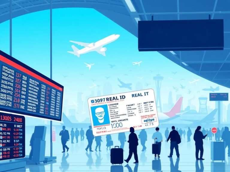 Flick International A bustling airport terminal with a digital flight information board and a REAL ID graphic