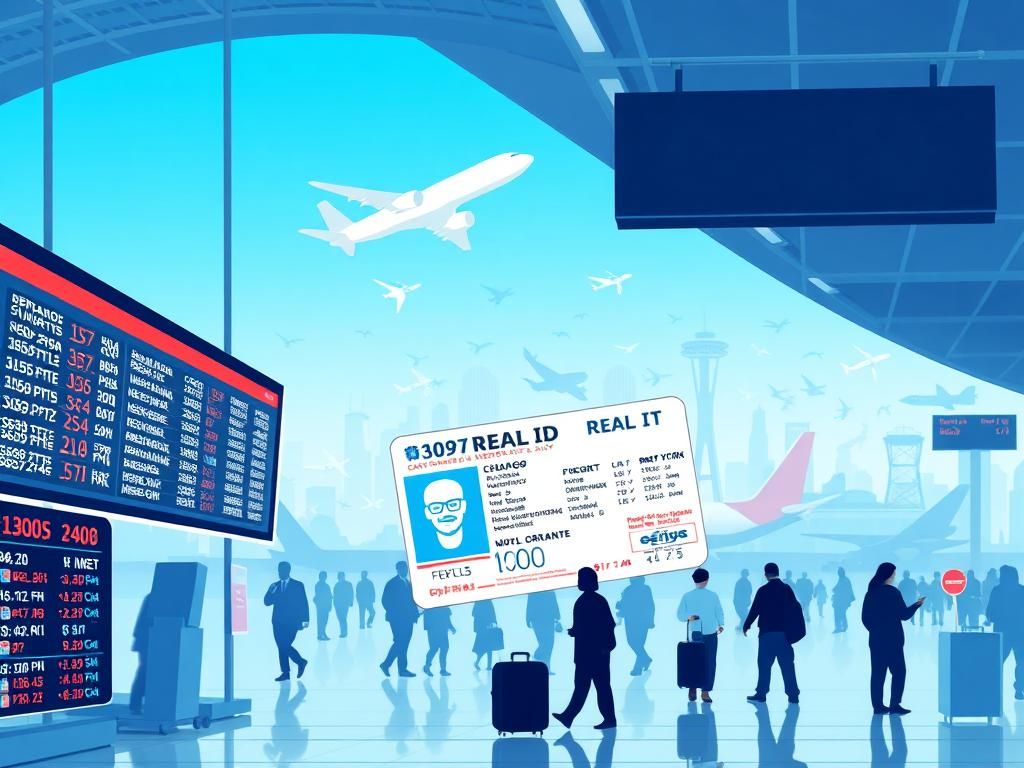 Flick International A bustling airport terminal with a digital flight information board and a REAL ID graphic