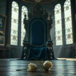 Flick International Ornate royal throne in a grand palace with a wilting white rose symbolizing unresolved familial conflicts