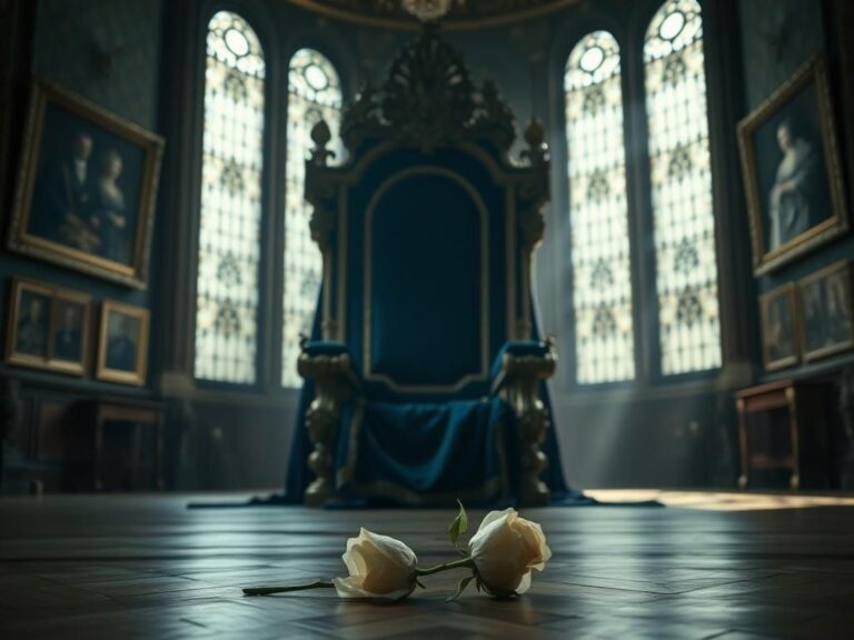 Flick International Ornate royal throne in a grand palace with a wilting white rose symbolizing unresolved familial conflicts