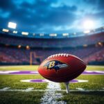 Flick International Dynamic football field at dusk with Baltimore Ravens logo in the end zone