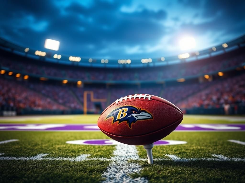 Flick International Dynamic football field at dusk with Baltimore Ravens logo in the end zone