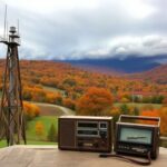 Flick International A rustic wooden radio tower in a serene landscape of rural Western North Carolina with autumn foliage
