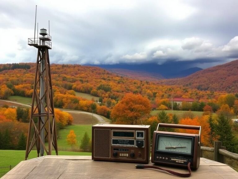 Flick International A rustic wooden radio tower in a serene landscape of rural Western North Carolina with autumn foliage