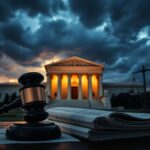 Flick International Dramatic depiction of the U.S. Supreme Court building at dusk, with a gavel and legal documents in the foreground