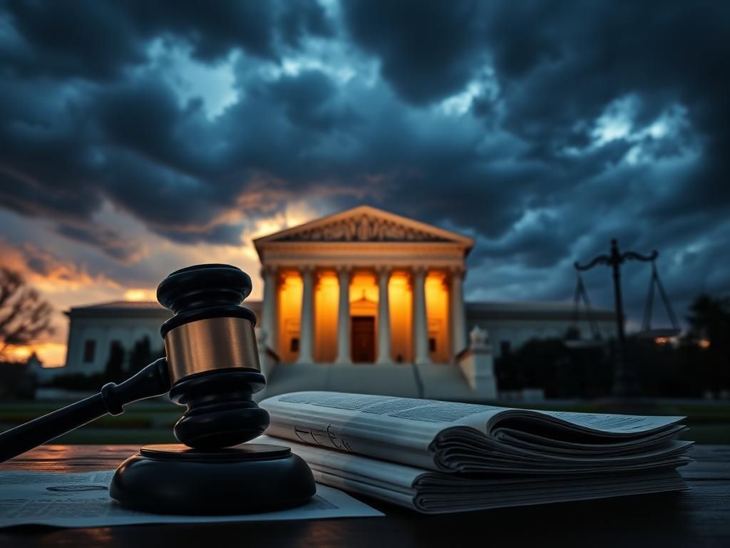 Flick International Dramatic depiction of the U.S. Supreme Court building at dusk, with a gavel and legal documents in the foreground