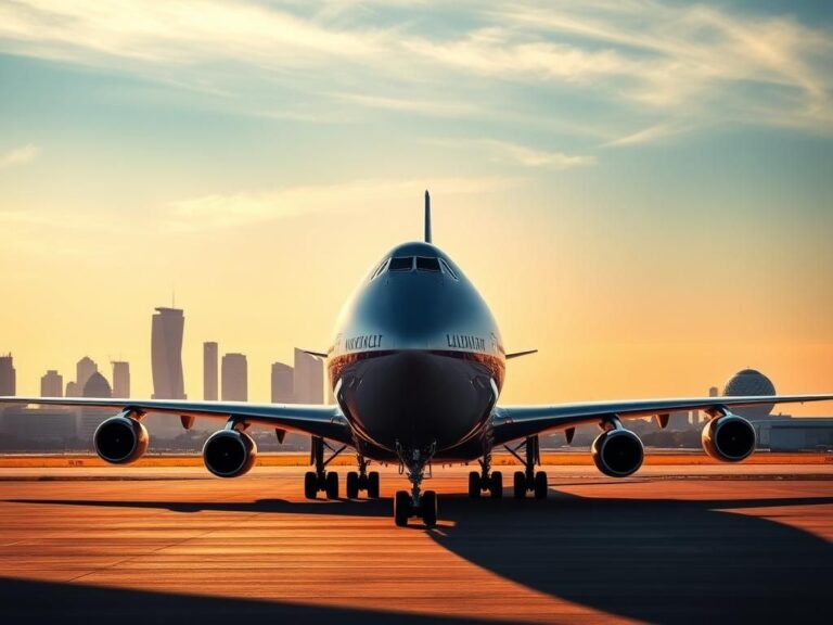 Flick International Luxurious Boeing 747-8 jet on tarmac with Qatar skyline