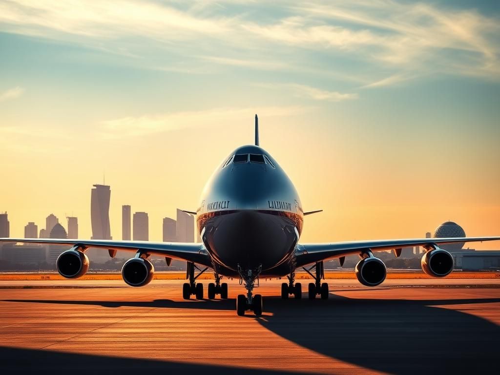 Flick International Luxurious Boeing 747-8 jet on tarmac with Qatar skyline