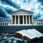 Flick International Symbolic representation of the Supreme Court building under a stormy sky