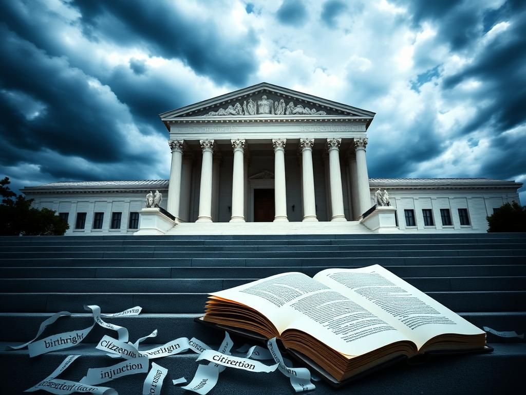 Flick International Symbolic representation of the Supreme Court building under a stormy sky