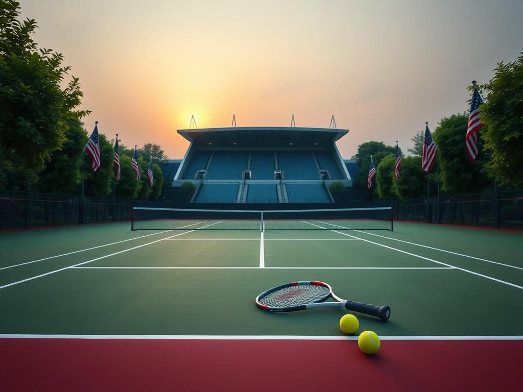Flick International Vibrant tennis court at dusk with American flags