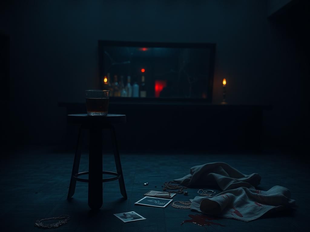 Flick International A dark and eerie bar setting with an empty barstool and half-filled glass symbolizing abandonment and mystery.