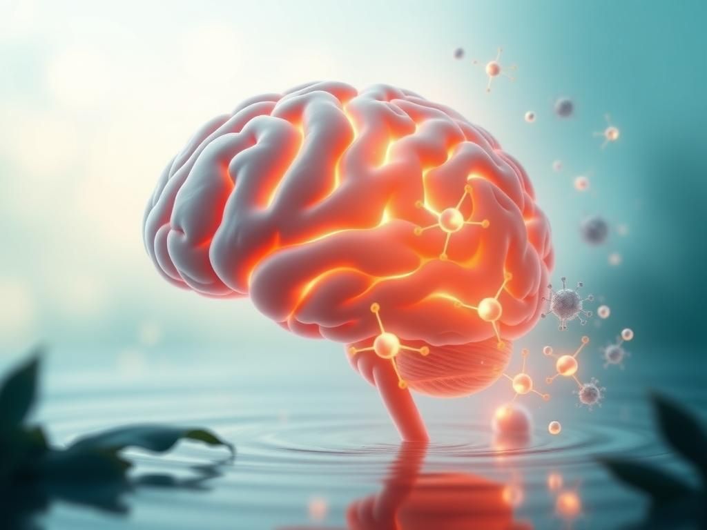 Flick International Abstract representation of a human brain illuminated with warm light, surrounded by antiviral molecules