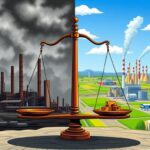 Flick International Conceptual illustration of a split landscape showing rusty factories contrasted with vibrant industrial areas.