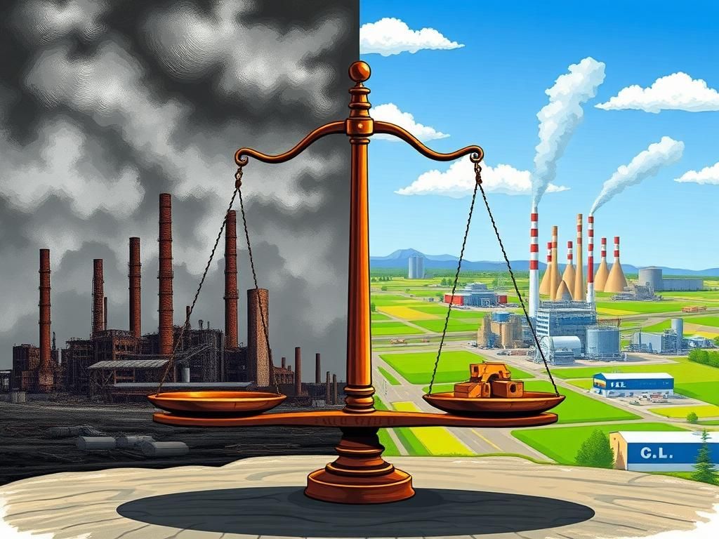 Flick International Conceptual illustration of a split landscape showing rusty factories contrasted with vibrant industrial areas.