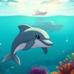 Flick International Cartoonish dolphin swimming nervously in a vibrant Minecraft underwater scene