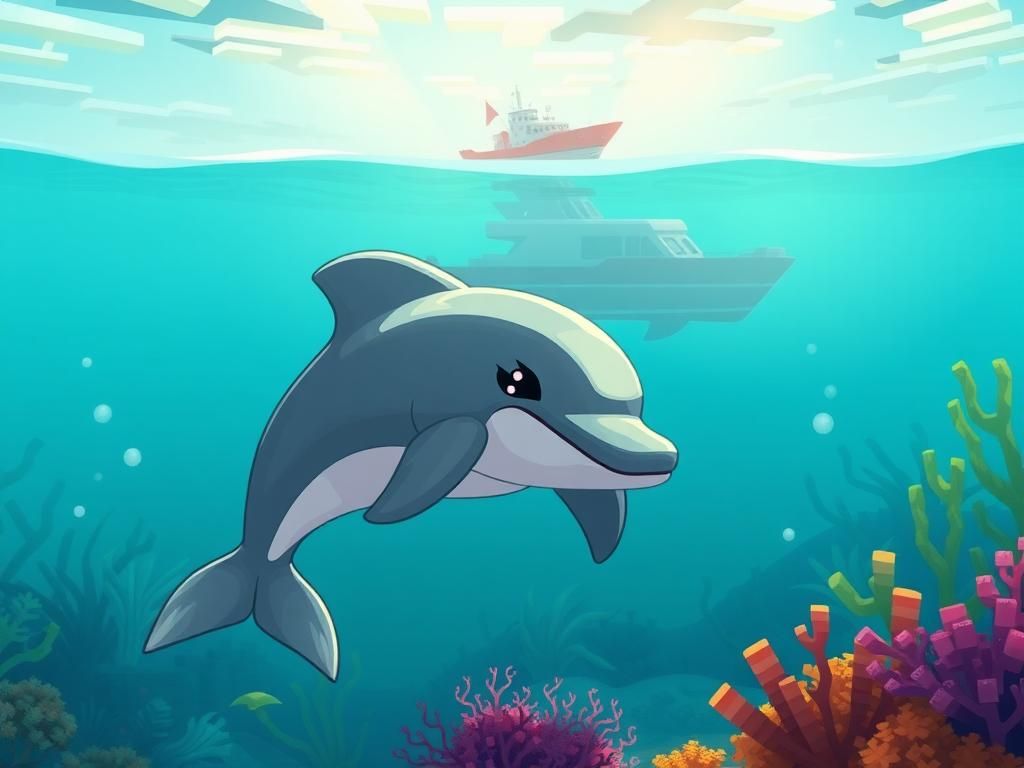 Flick International Cartoonish dolphin swimming nervously in a vibrant Minecraft underwater scene