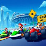 Flick International Colorful racing scene inspired by Mario Kart featuring NFL team mascots in a whimsical Atlanta skyline setting