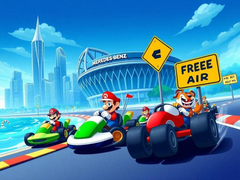 Flick International Colorful racing scene inspired by Mario Kart featuring NFL team mascots in a whimsical Atlanta skyline setting