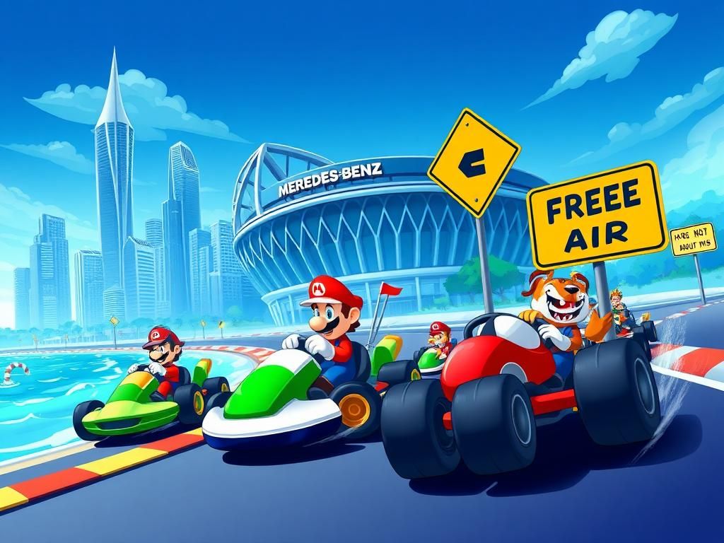 Flick International Colorful racing scene inspired by Mario Kart featuring NFL team mascots in a whimsical Atlanta skyline setting