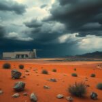 Flick International A dramatic desert landscape with a nuclear facility silhouette under a turbulent sky