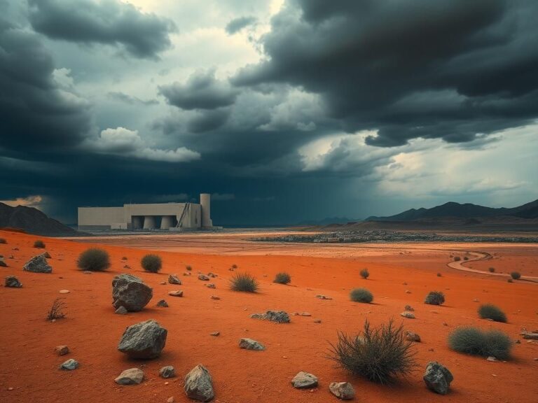 Flick International A dramatic desert landscape with a nuclear facility silhouette under a turbulent sky