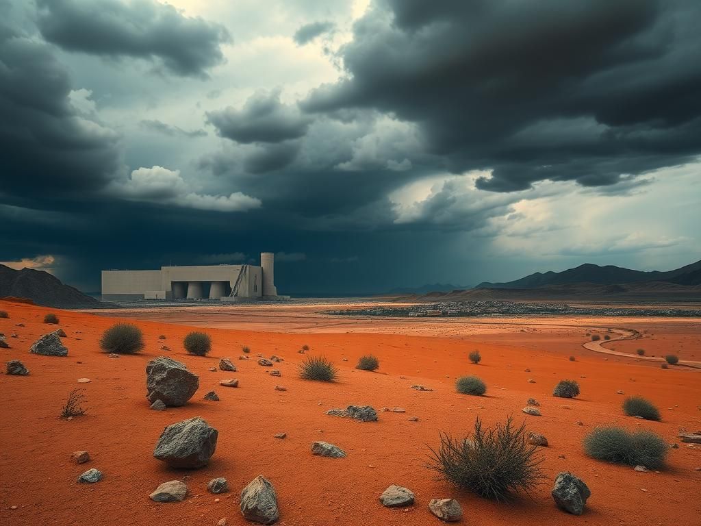 Flick International A dramatic desert landscape with a nuclear facility silhouette under a turbulent sky