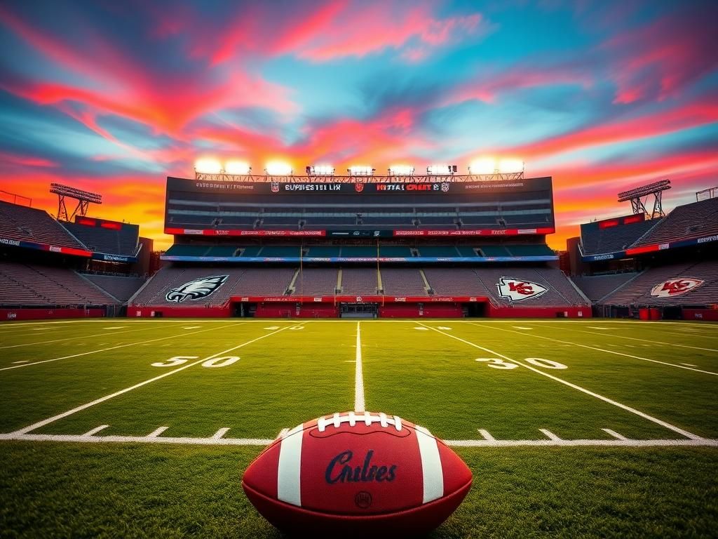 Flick International Dynamic football stadium at dusk with vibrant sunset colors and a gleaming football on the field