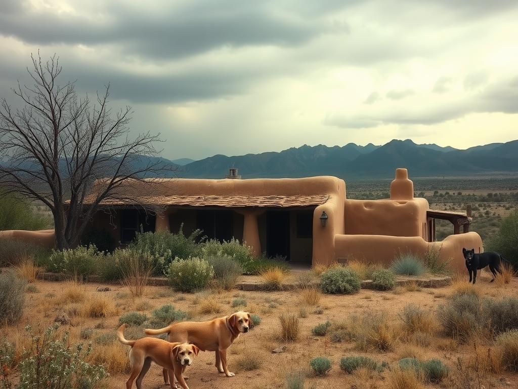 Flick International Exterior view of a rustic adobe-style home in Santa Fe, showcasing signs of neglect