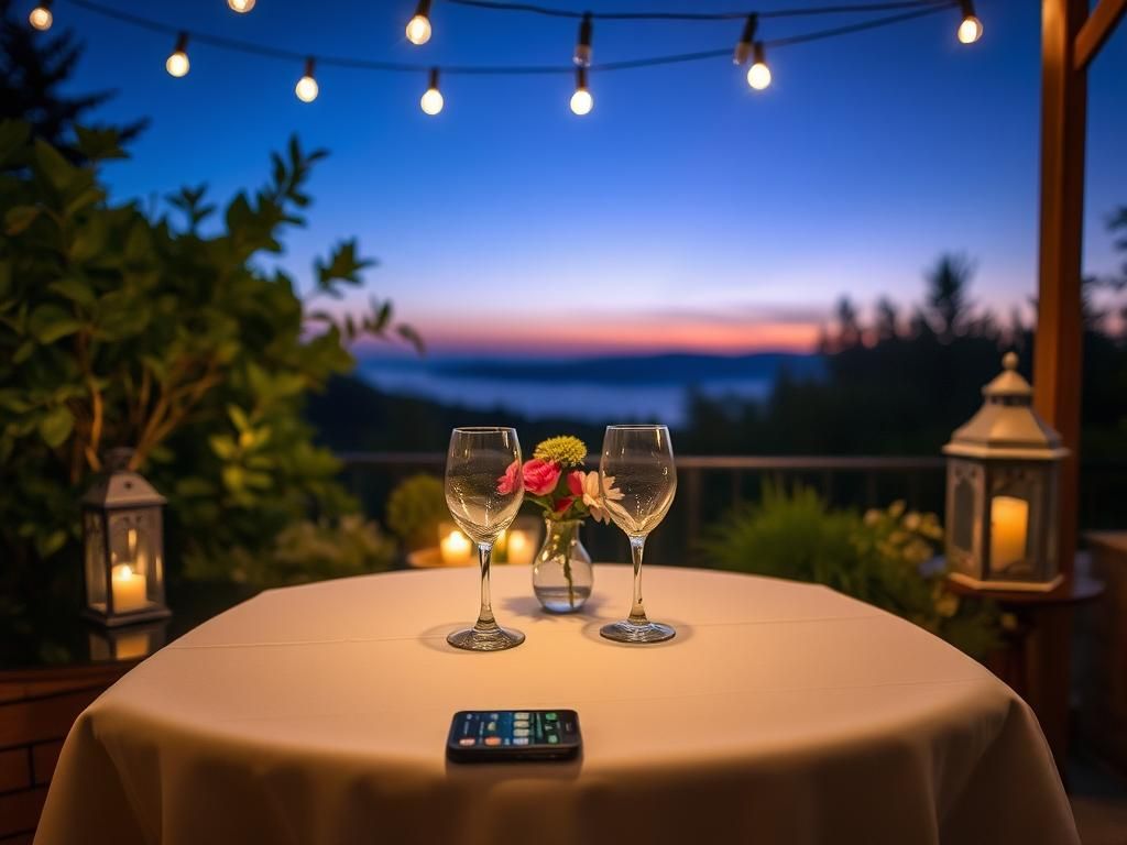 Flick International A romantic outdoor dining setup featuring a table for two with a white tablecloth and wine glasses