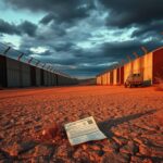 Flick International Desolate border landscape at dusk with rusted fence and discarded documents