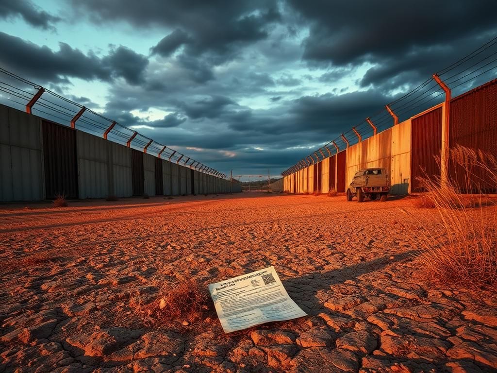 Flick International Desolate border landscape at dusk with rusted fence and discarded documents