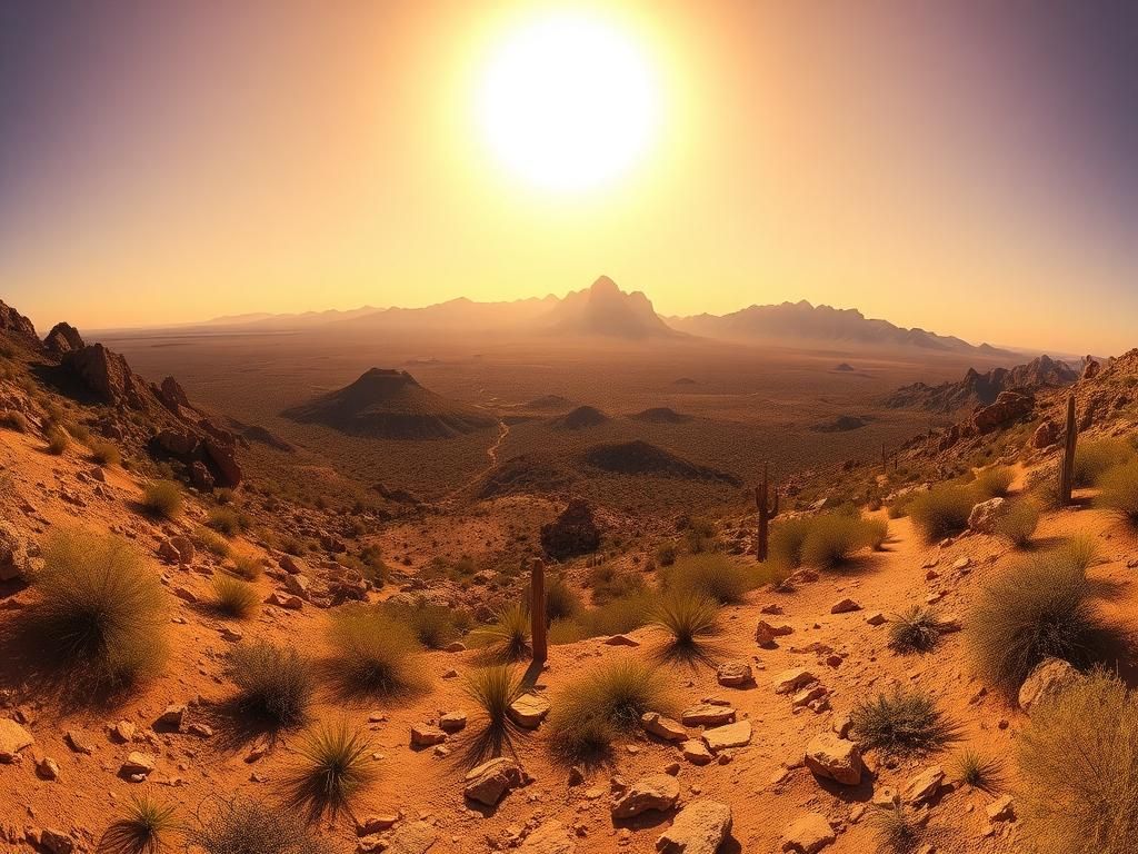Flick International Panoramic view of the rugged Superstition Mountains under extreme heat