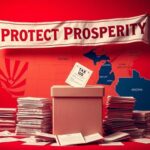 Flick International A ballot box surrounded by financial paperwork in a politically charged environment