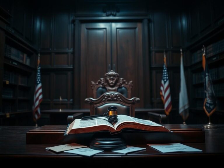 Flick International Somber courtroom scene with a judge's bench and gavel