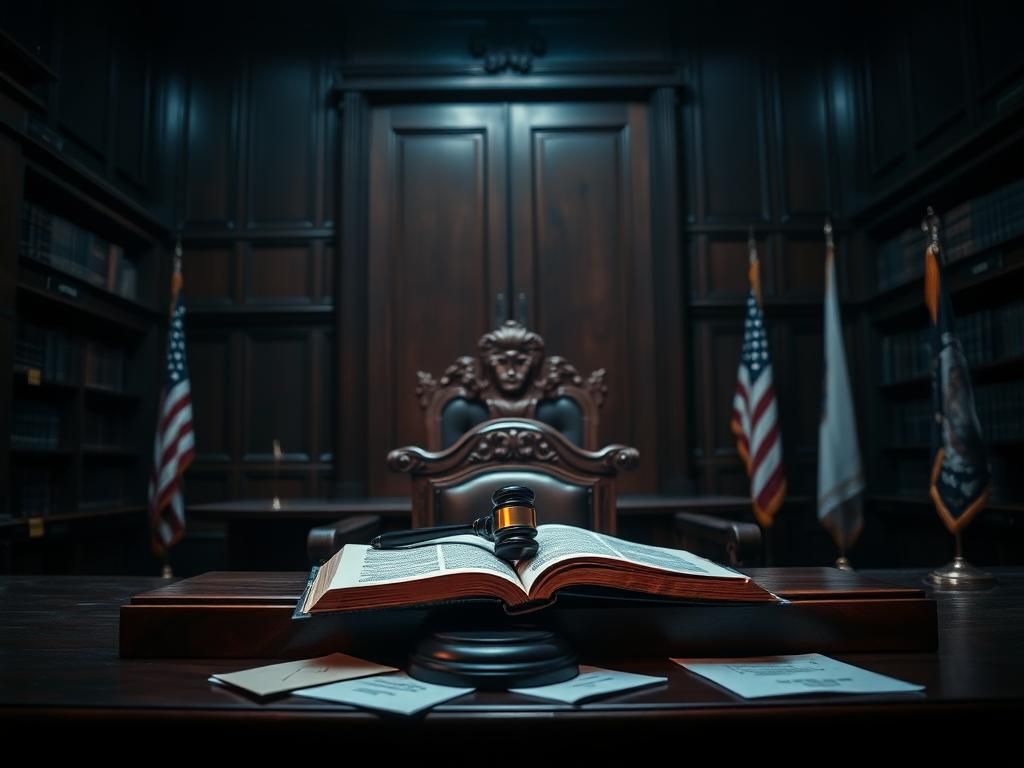Flick International Somber courtroom scene with a judge's bench and gavel