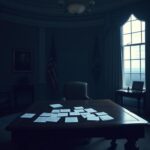 Flick International Empty Oval Office with antique wooden desk and scattered papers