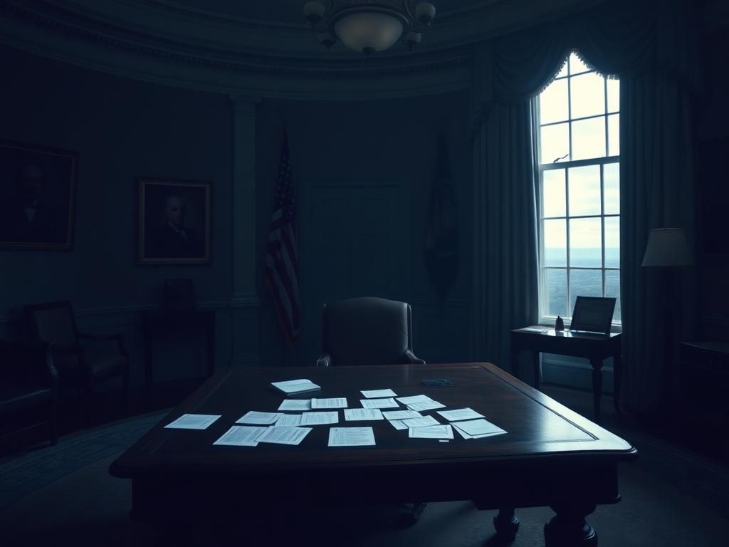 Flick International Empty Oval Office with antique wooden desk and scattered papers