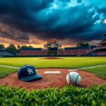 Flick International Tense baseball scene at dusk with home plate and pitcher's mound in focus