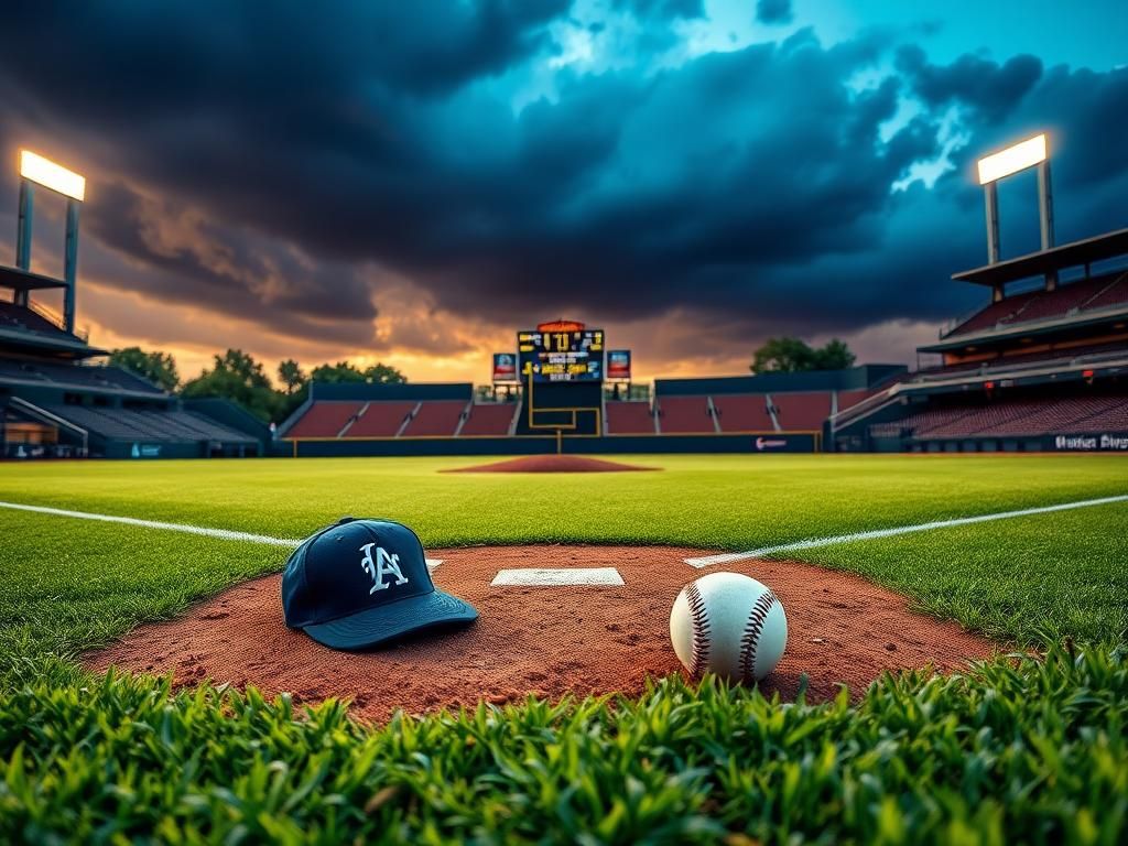 Flick International Tense baseball scene at dusk with home plate and pitcher's mound in focus
