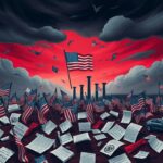 Flick International Abstract representation of chaotic political landscape with fragmented American flags and storm clouds