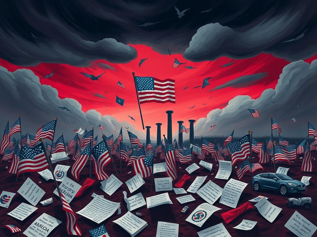 Flick International Abstract representation of chaotic political landscape with fragmented American flags and storm clouds