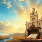 Flick International Serene landscape with an ancient cathedral symbolizing faith and spirituality