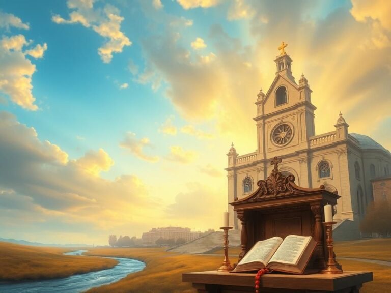 Flick International Serene landscape with an ancient cathedral symbolizing faith and spirituality