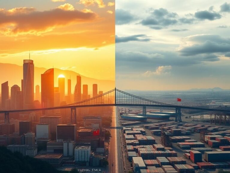 Flick International Split landscape representing the U.S. and China economies with a bridge of currency notes connecting them
