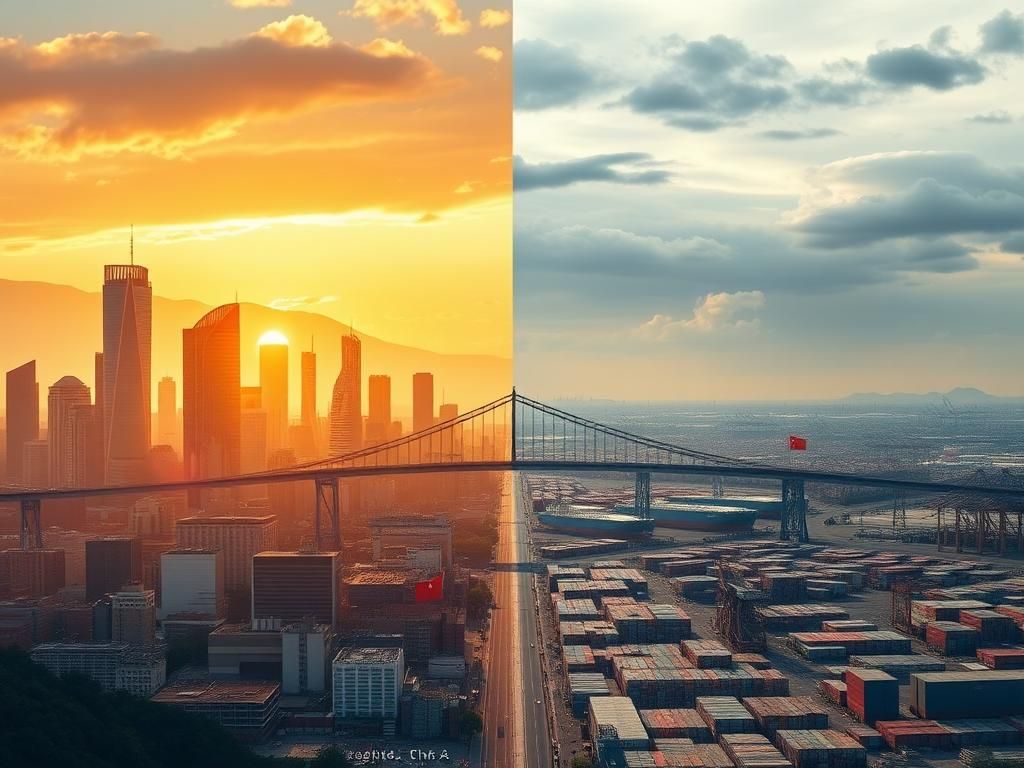 Flick International Split landscape representing the U.S. and China economies with a bridge of currency notes connecting them