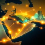 Flick International Abstract representation of economic growth in the Middle East with trade routes and symbols of commerce.