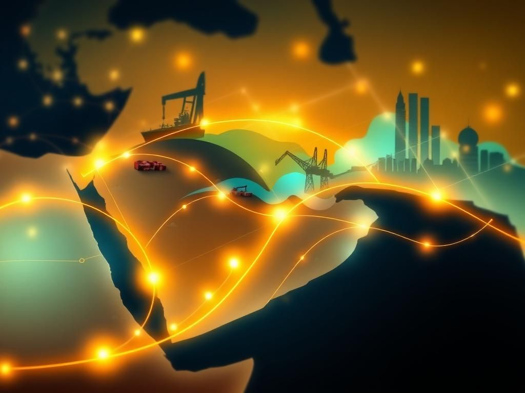 Flick International Abstract representation of economic growth in the Middle East with trade routes and symbols of commerce.